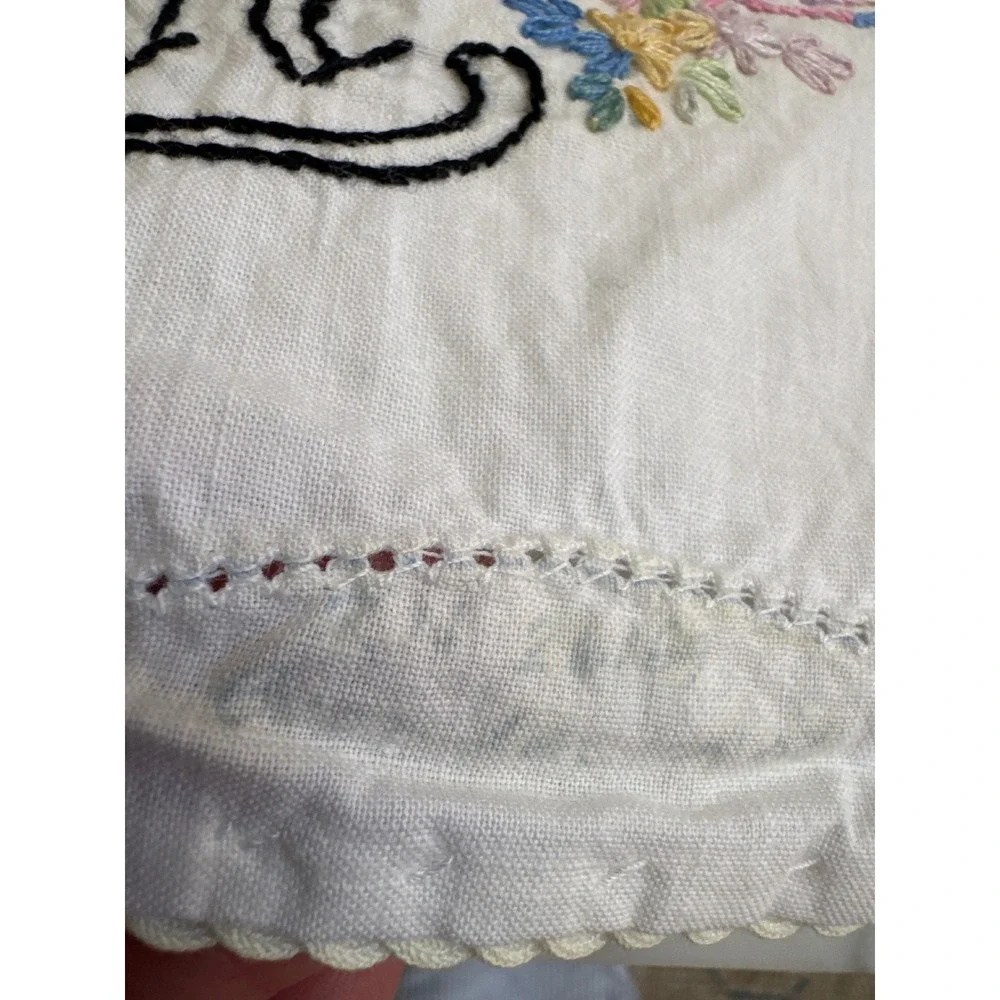 Vintage Hand Embroidered I Believe Floral White Cotton Pillowcase Scalloped Edge